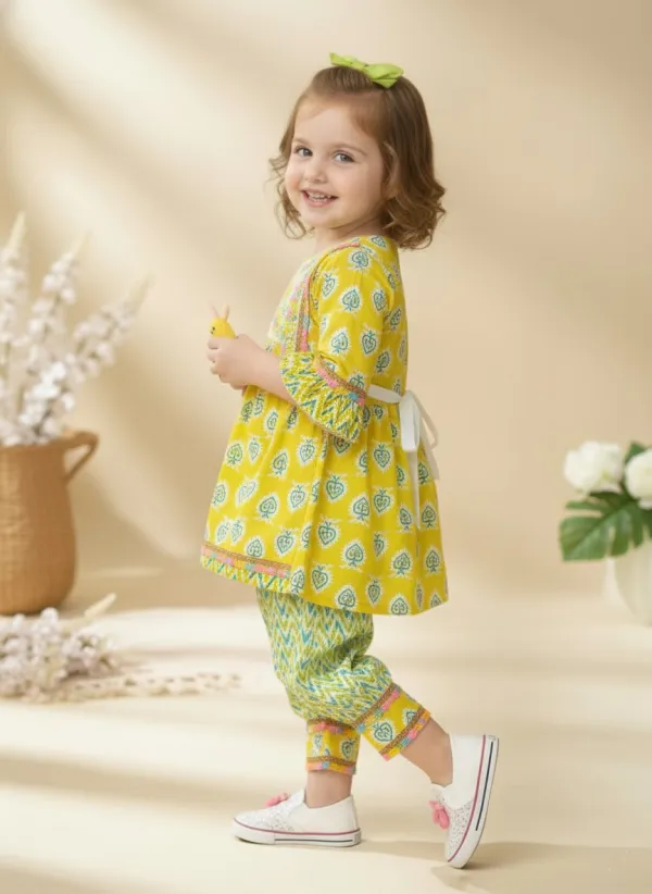 Girls Yellow Floral Print Cotton Frock and Pyjama Set