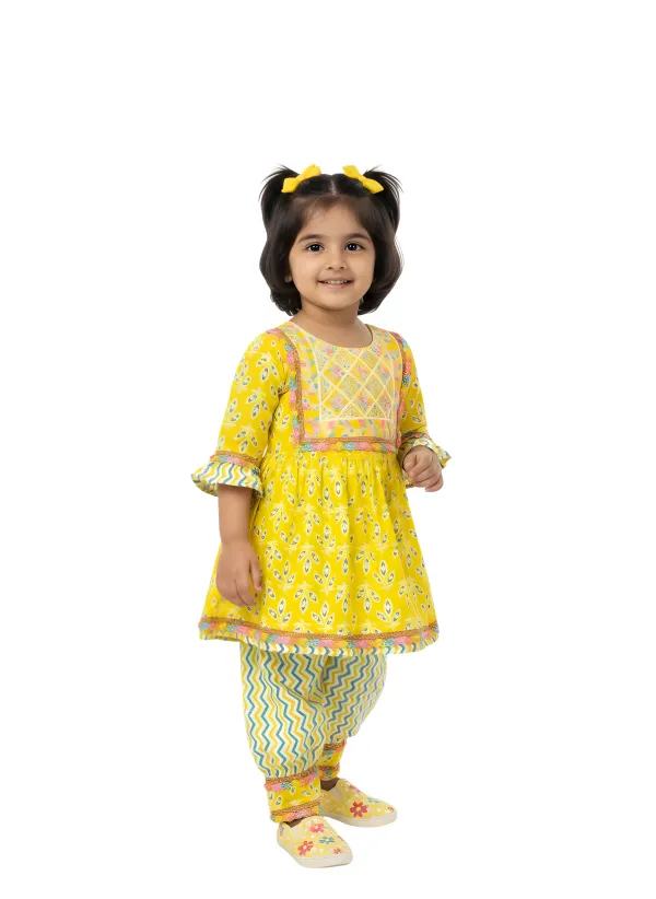 Girls Yellow Floral Print Cotton Frock and Pyjama Set
