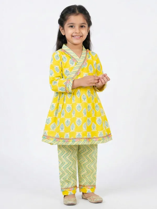Girls Yellow Angrakha Frock and Pyjama Set